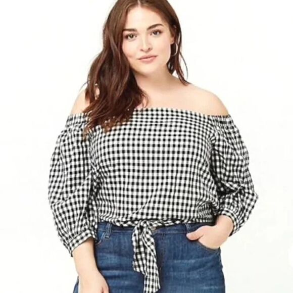 Forever 21+ Black and White Gingham Tie Front Crop Top (Sz 2X) - Picture 1 of 10